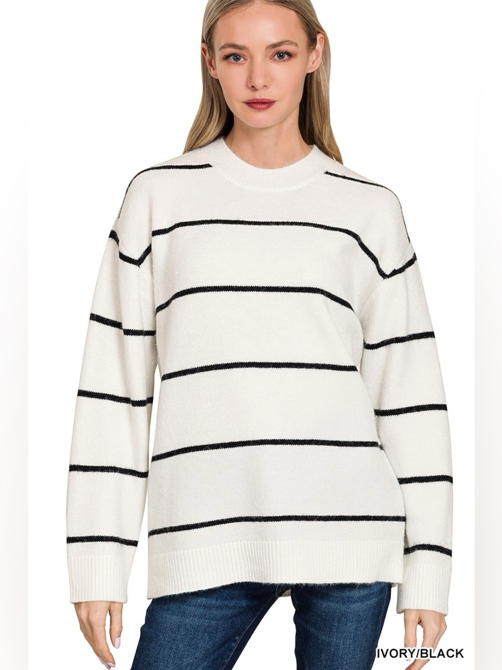Zenana Round Neck Stripe Sweater🛍️Ivory/Blk